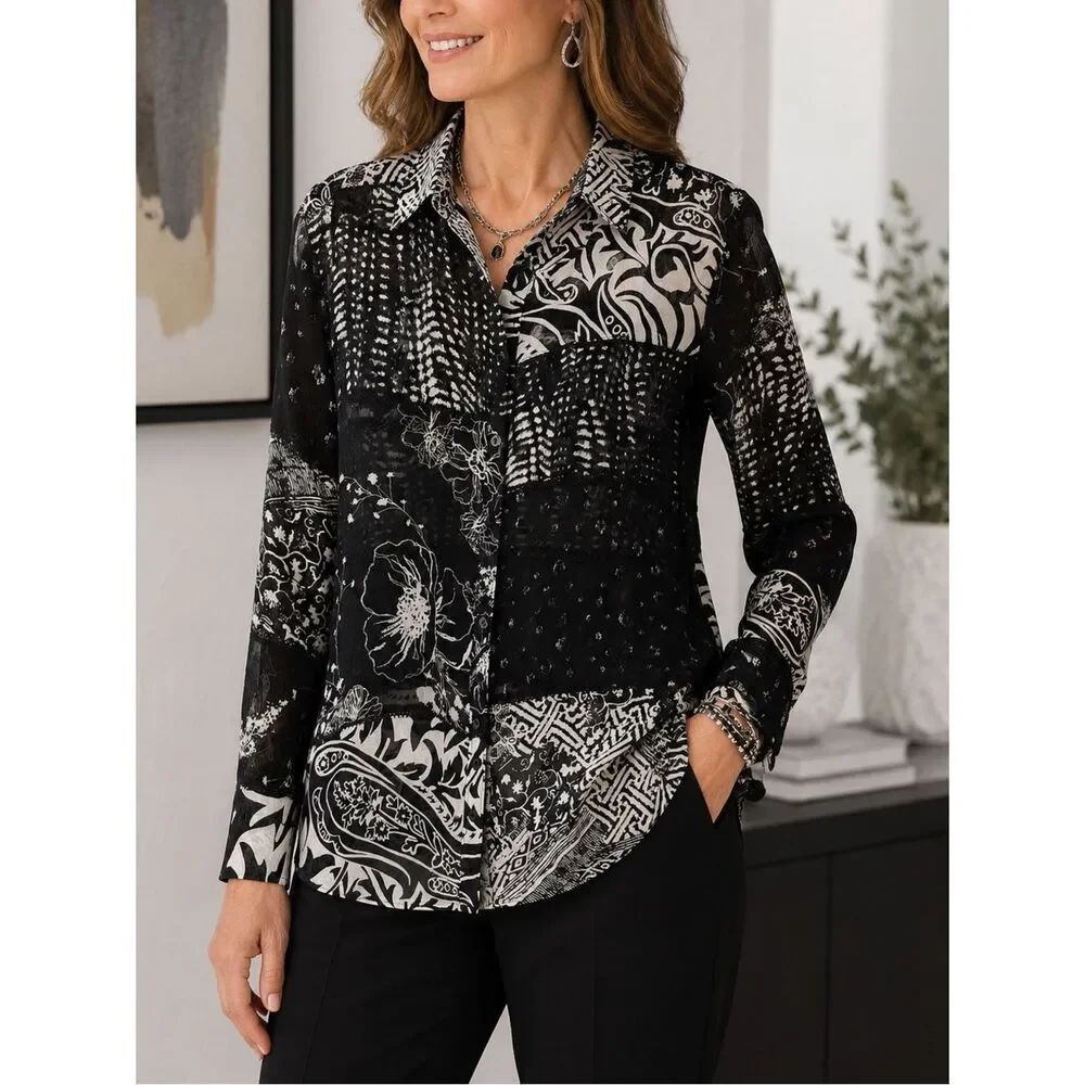 Chico’s Silk Patchwork Print Sheer Button Front Blouse Black White Sz XL